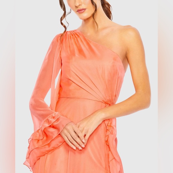 NWT Ieena for Mac Duggal Orange One Sleeve Ruffled Hem Gown 55924 Size 8 - Picture 2 of 16
